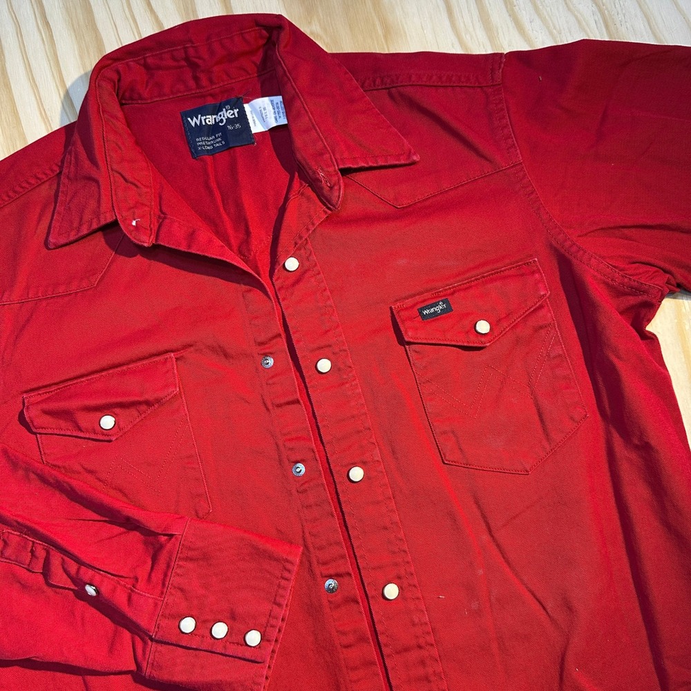 Wrangler Men's Western Snap Shirt Red Solid Pearl Snap Cotton Size 16-35